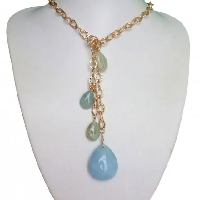 Gemshine - Ladies - Necklace - Lariat - Gold plated - Aquamarine - Aquamarine drops - Blue - 100 cm - 100 cm diameter