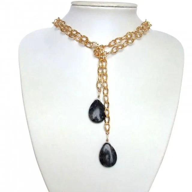 Gemshine - Ladies - Necklace - Lariat - Gold-plated - Labradorite - Drops - Grey - 100 cm
