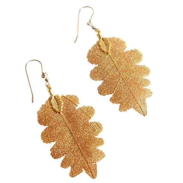 Gemshine - Ladies - Earrings - Gold plated - Leaf - Oak - Natural - 6,5 cm