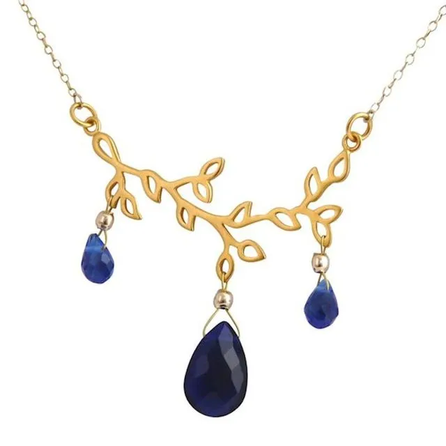 Gemshine - Ladies - Necklace - Pendant - 925 Silver - Gold plated - Lotus flowers - Blue - LEAVES - 45 cm