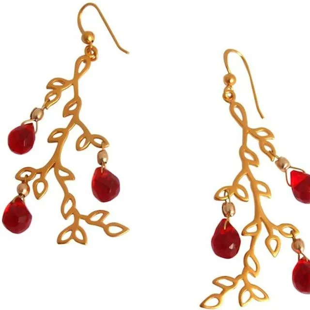 Gemshine - Ladies - Earrings - RED LEAVES - Jade - Red - 925 Silver - Gold plated - 6 cm