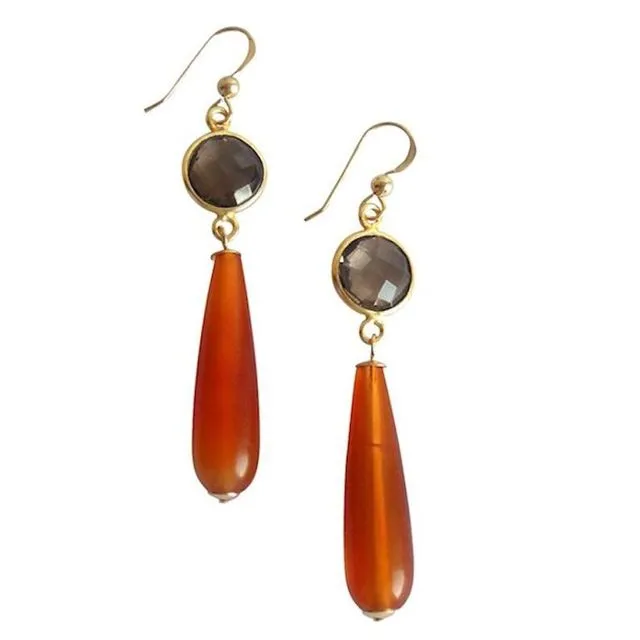 Gemshine - Ladies - Earrings - Gold plated - Carnelian - Smoky Quartz - Orange - Brown - PARTY DROPS - 5 cm