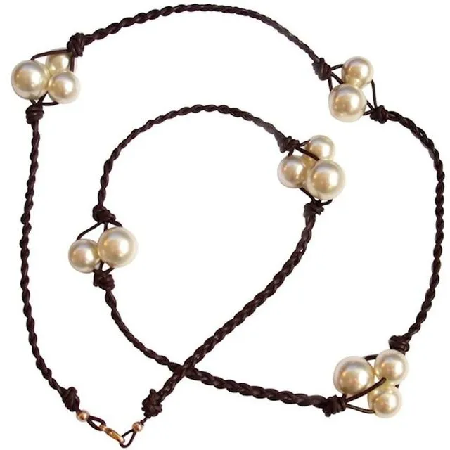 Gemshine - Ladies - Necklace - Pearls - Tahiti - White - Leather - 925 Silver - 60 cm