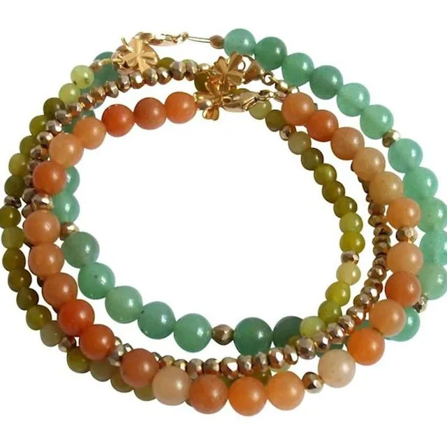 Gemshine - Ladies - Bracelet Set - Golden Leaves - Jade - Aventurine - Green - Orange - Gold plated