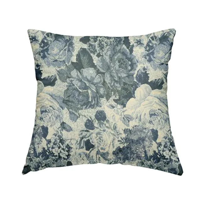 Chenille Fabric Floral Blue Pattern Cushions Piped Finish Handmade To Order-Small