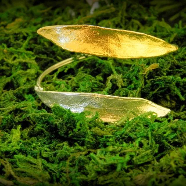 Olive Leaf Bangle in Sterling Silver, Adjustable Cuff Bracelet 14K Goldplatedplated - Goldplated