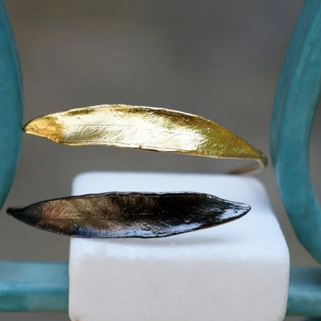 Olive Branch and leaves cuff Bracelet, 14k 14K Goldplated and Black plated on sterling silver, by Mother Nature Jewelry