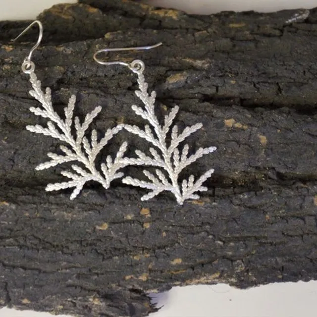 Juniper Mountain Dangle and drop Earrings for women on Sterling silver from Cypress tree leaf