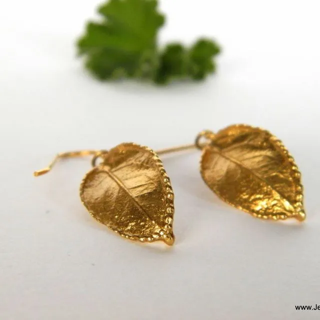 Rose Leaf Earrings for Women 14k Goldplated on Sterling silver. Dangle or Stud by Mother Nature jewelry