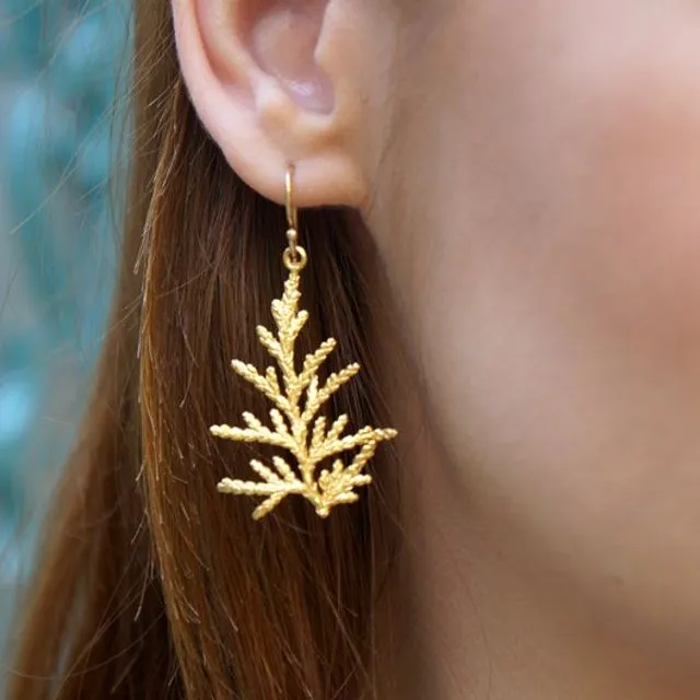 Juniper Mountain Dangle and drop Earrings for women 14k Goldplated on Sterling silver from Cypress tree leaf