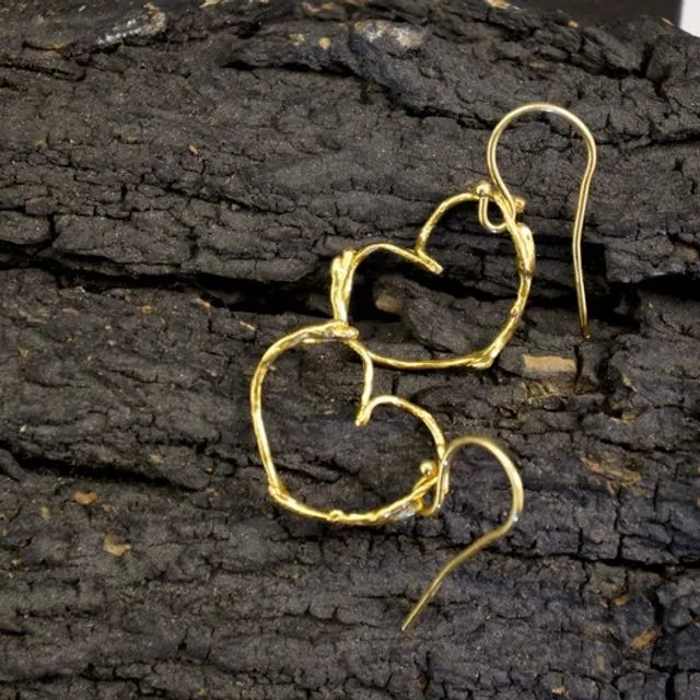Heart Earrings for girls and women. Sterling silver jasmine plant Twig earrings Goldplated.