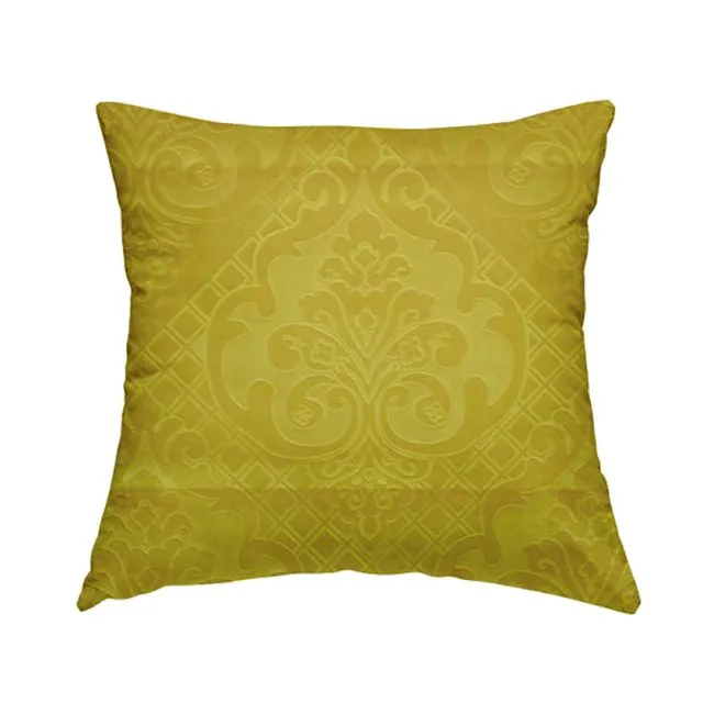 Velvet Fabric Embossed Damask Yellow Pattern Cushions Piped Finish Handmade To Order-Rectangle