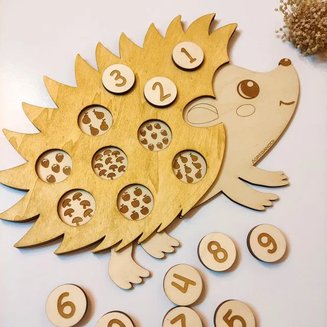 Wooden Puzzle Forest Hedgehog Toy, Counting number with Hedgehog, Learning toy for Kids, Toddlers and Babys, Waldorf Montessori