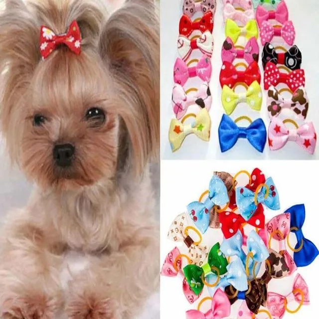 20Pcs Cute Ribbon Pet Grooming Accessories Handmade Small Dog Cat Hair Bows With Elastic Rubber Band Mix Color