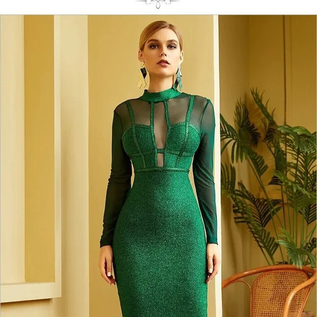 Green Long Sleeve Bandage Hollow Out Midi Club Sexy Lace Dress