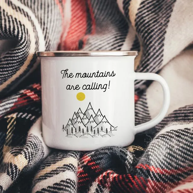 The Mountains Are Calling Mountain Range Enamel Camper Mug