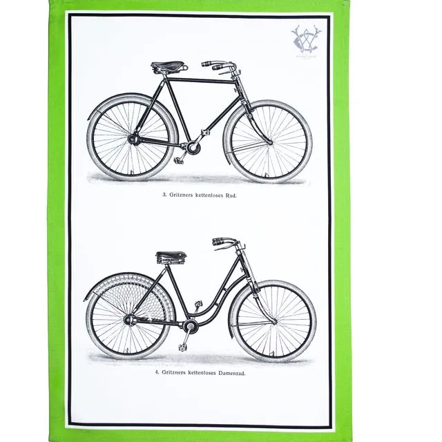 Colourful Tea Towel Antique Bicycle Print His & Hers Green Edge Luxury Cotton Gift Kitchen linen