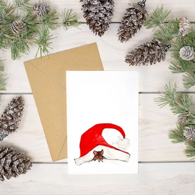 Little Mouse with a Big Christmas Hat- 100% recycled paper Christmas Card - Pack of 8