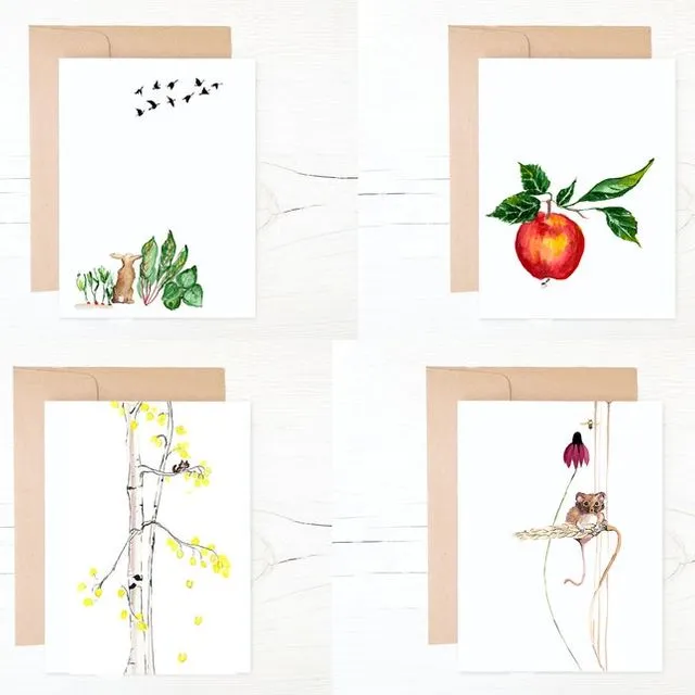 Fall Harvest Pack of 8 Note Cards- 4 super sweet fall designs - 100% recycled paper and Envelopes