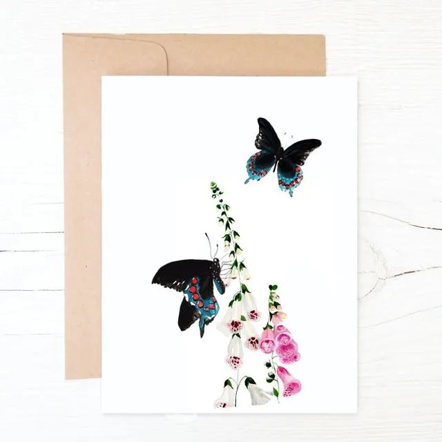 Two Black Swallowtail butterflies and Foxgloves flower cards. Blank inside 100% recycled paper and sustainable product - Pack of 8