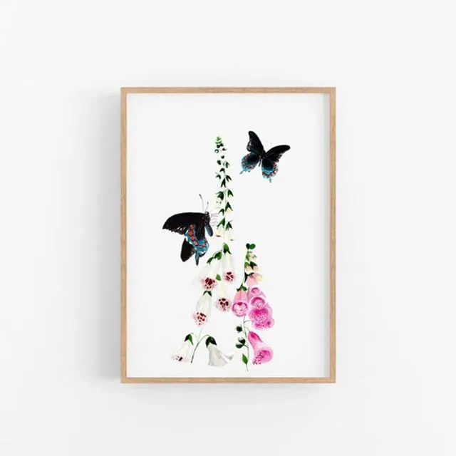 Black Swallowtail Butterfly and Foxglove print. Mothers Day Gift. Celebrate Spring