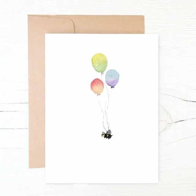 Bee Flying with Balloon Happy Birthday Card. Handmade 100% recycled paper. SIngle or Pack. Water color. - Pack of 8