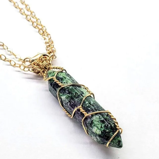 Gold Wire Wrapped Ruby In Zoisite Pointed Crystal Necklace