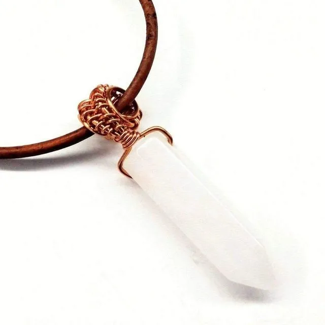 White Quartz Pointed Crystal Leather Necklace