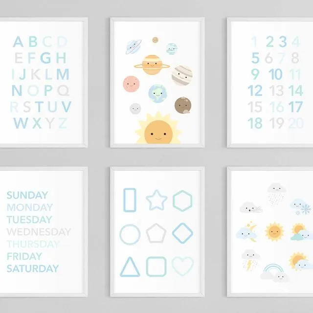 Blue & Teal Playroom Art, Set of 6 Prints, Alphabet, Solar System, Numbers, Days, Shapes, Weather