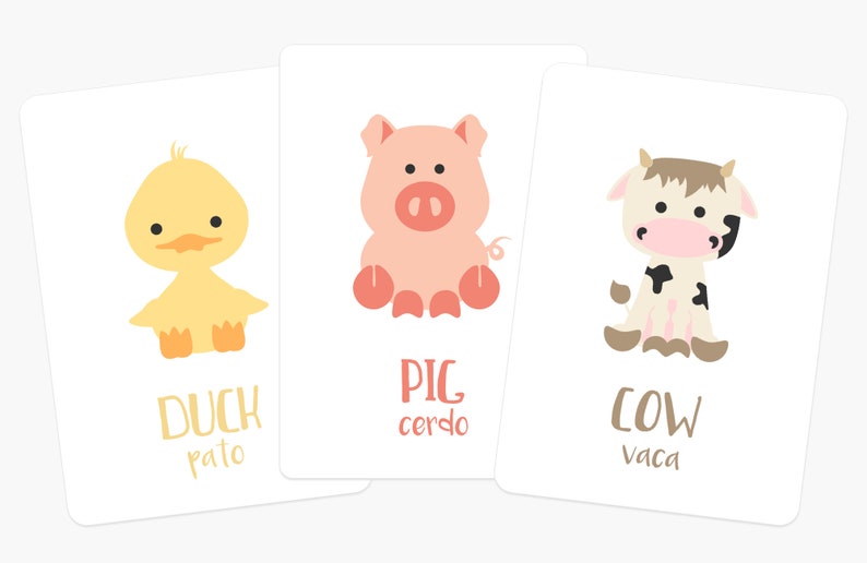 Farm Animal Flash Cards, Gift for 2 Year Old, Spanish English Flashcard, Easter Gift for Kid, Christmas Gift for 1 Year Old, 2 Year Old Gift