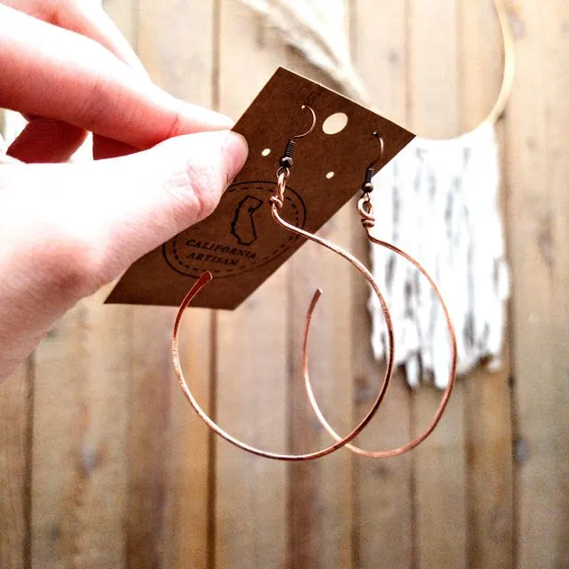 Hammered Copper open hoop earrings - hypoallergenic ear wire