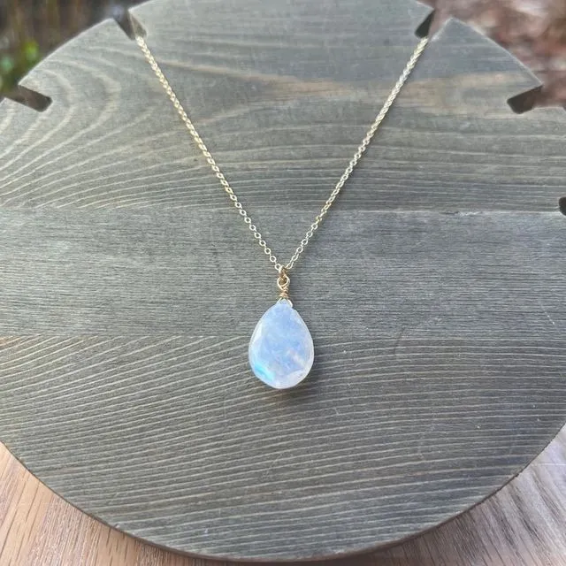 Rainbow Moonstone Drop Necklace - Sterling Silver