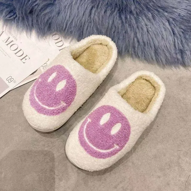 White-Purple Retro Smile Face Soft Plush Comfy Warm Slippers