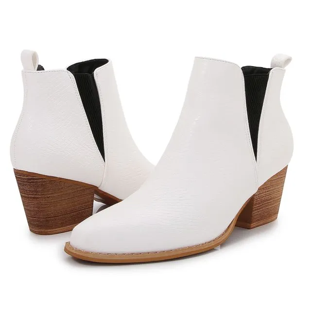White Wooden Heel Short Casual Ankle Boots w/ Shoe case