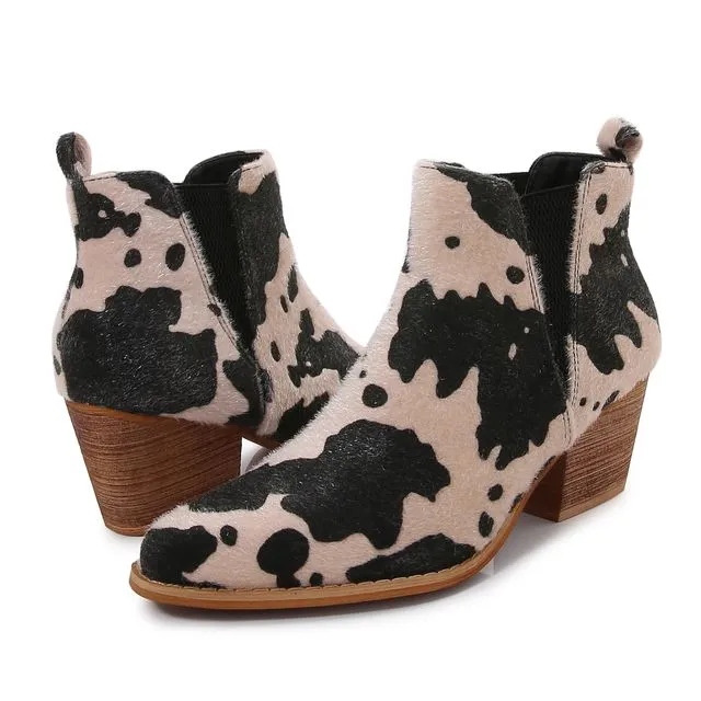 Cow Beige Wooden Heel Short Casual Ankle Boots w/ Shoe case