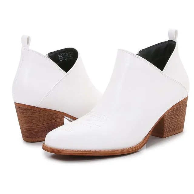 White Western embroidered boho casual ankle boots with shoe box