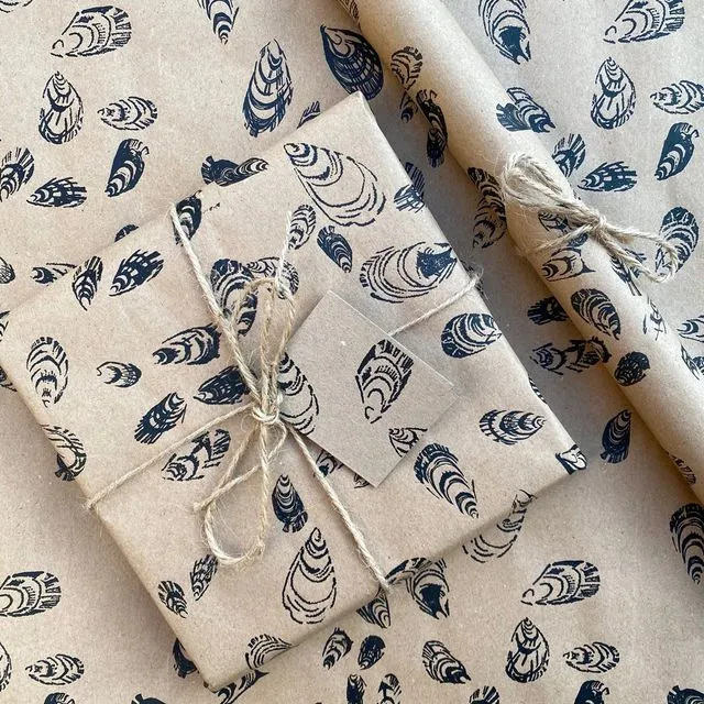 Seashell wrapping paper. Hand Printed on 100% recycled paper