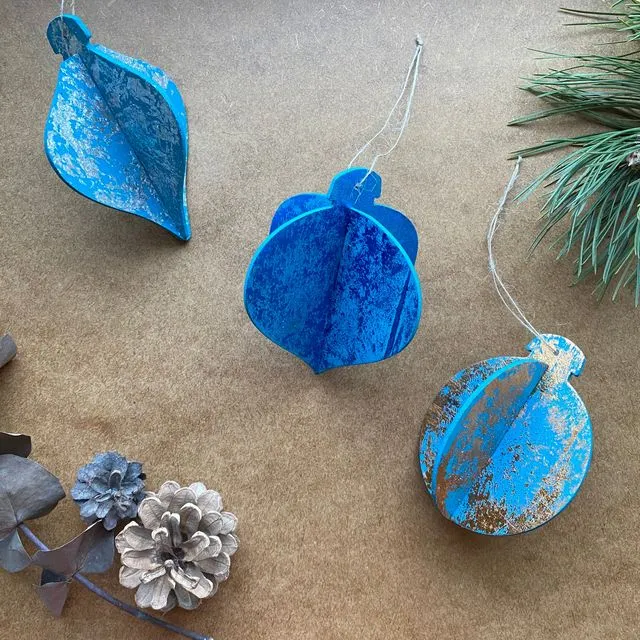 Turquoise set of 3 Eco Handprinted 3D Wooden Baubles.
