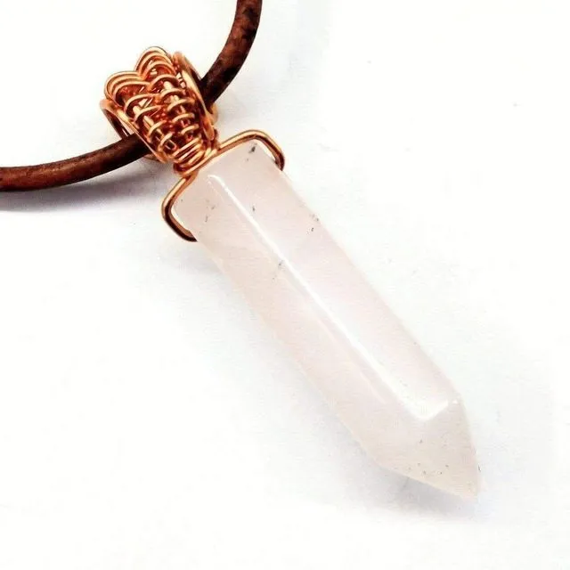 Rose Quartz Pointed Crystal Leather Necklace
