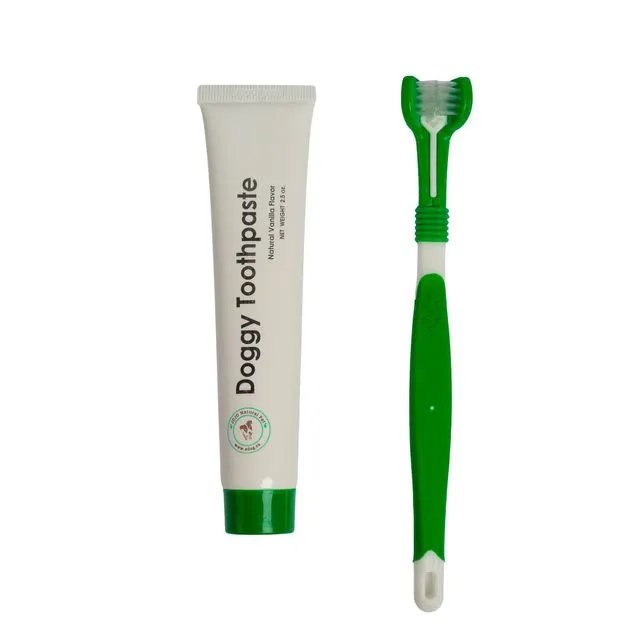 Triple Headed Dog Tooth Brush with All-Natural Toothpaste