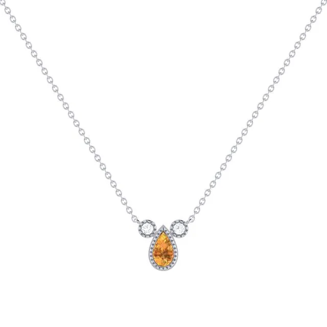 Pear Shaped Citrine & Diamond Birthstone Necklace In 14k White Gold