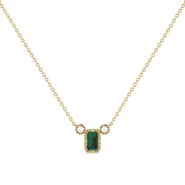 Emerald Cut Emerald & Diamond Birthstone Necklace In 14k Yellow Gold