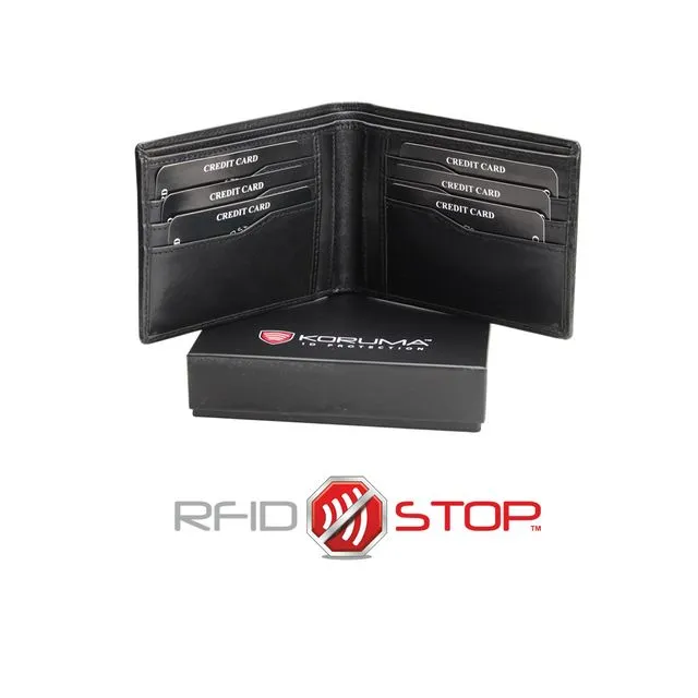 Leather RFID Wallet - Single Billfold for 8 Cards - Black - Shiny Finish - 72SNBL