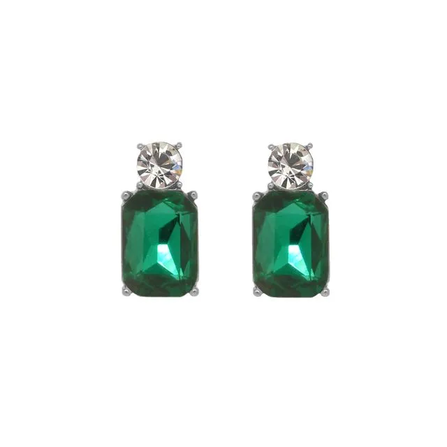 Mini Gem Earrings in Antique Silver with Emerald & Clear