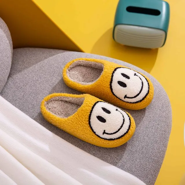Yellow-White Retro Smile Face Soft Plush Comfy Warm Slippers