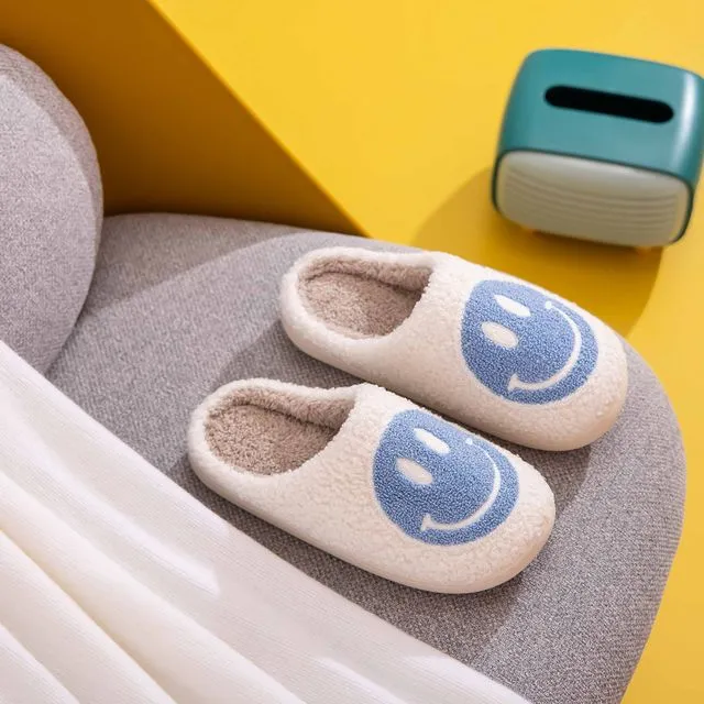 White-Blue Retro Smile Face Soft Plush Comfy Warm Slippers