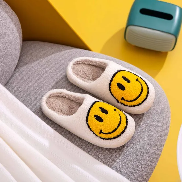 White-Yellow Retro Smile Face Soft Plush Comfy Warm Slippers