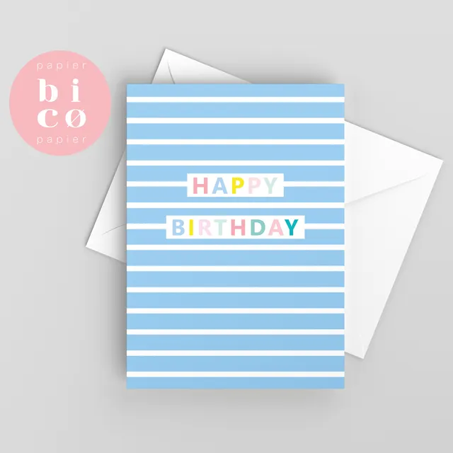 Birthday Card | BLUE STRIPES | Happy Birthday Cards | Tarjeta de Cumpleaños | Carte Joyeux Anniversaire | Biglietto di Buon Compleanno | Alles Gute zum Geburtstagskarte.