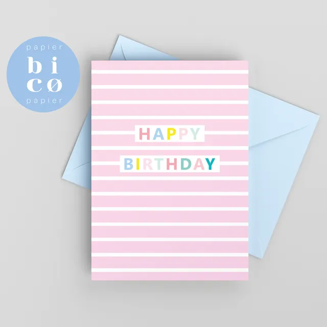 Birthday Card | PINK STRIPES | Happy Birthday Cards | Tarjeta de Cumpleaños | Carte Joyeux Anniversaire | Biglietto di Buon Compleanno | Alles Gute zum Geburtstagskarte.