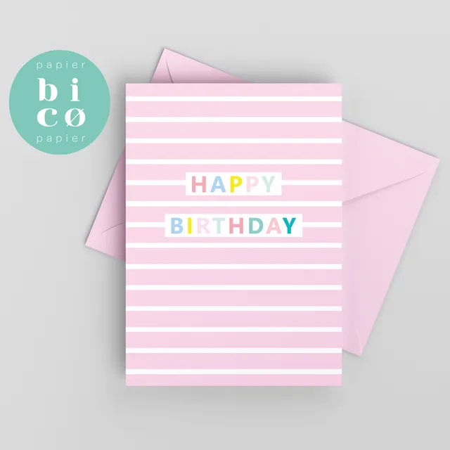 Birthday Card | PINK STRIPES | Happy Birthday Cards | Tarjeta de Cumpleaños | Carte Joyeux Anniversaire | Biglietto di Buon Compleanno | Alles Gute zum Geburtstagskarte.